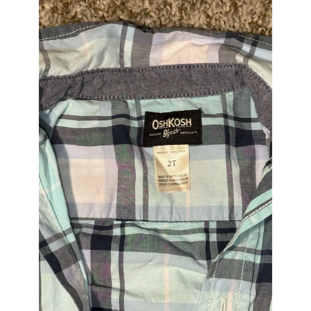 OshKosh B’gosh Boys 2T Blue White Plaid Button Down Shirt Long Sleeve